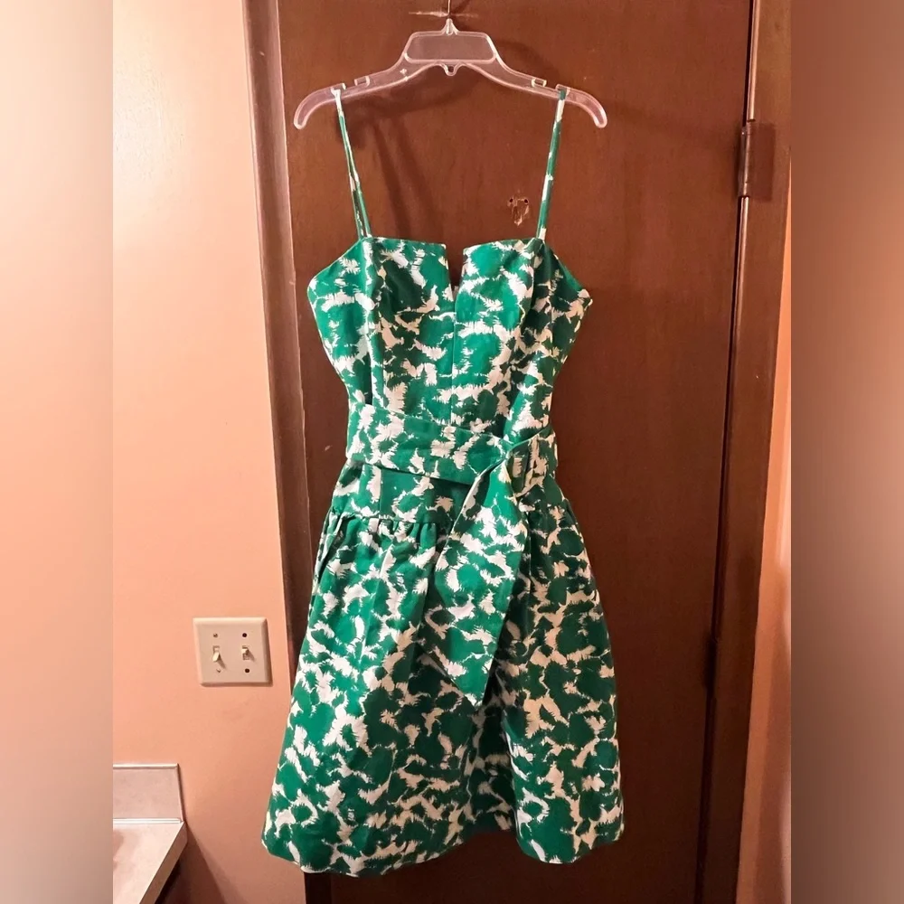 LAST CHANCE | Milly Sarah Dropped Waist Belted Dress in White & Green - Picture 4 of 10